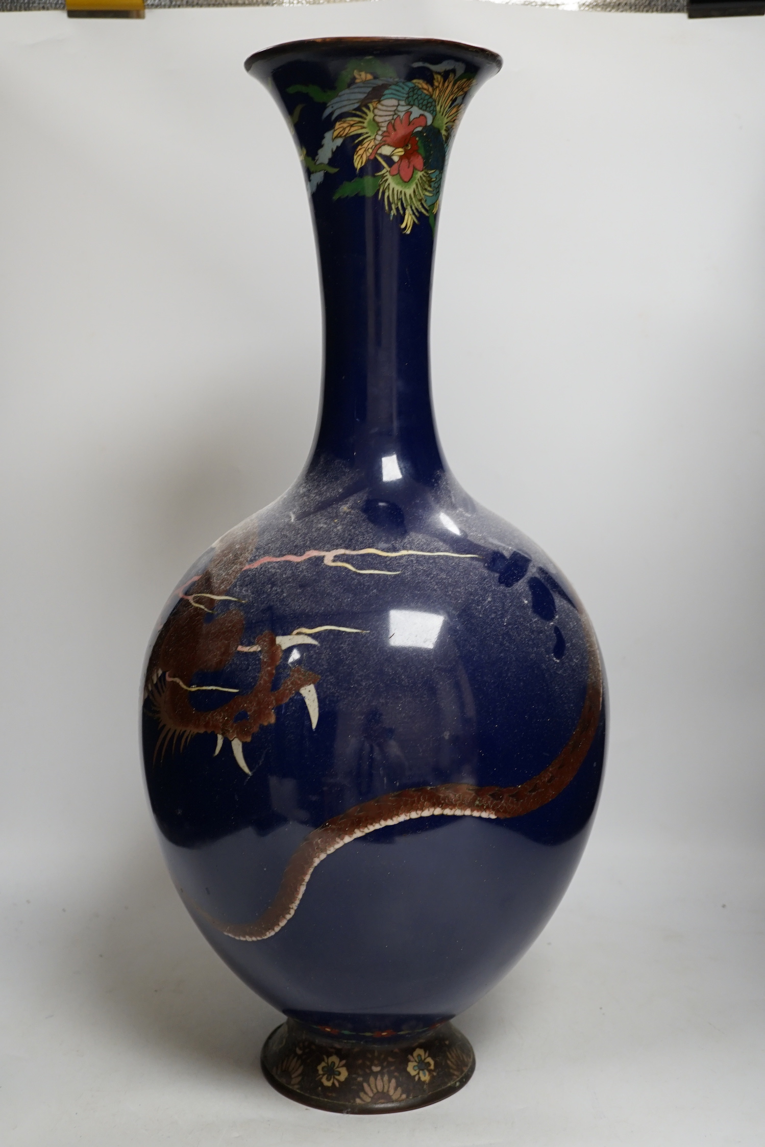 A large Japanese cloisonne enamel 'dragon' bottle vase, 59cm (restored)